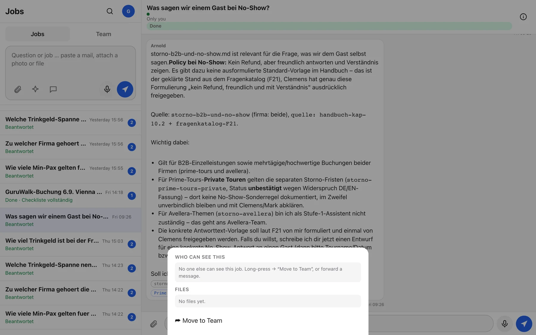 The Info sheet: Who can see this, Files, and Move to Team