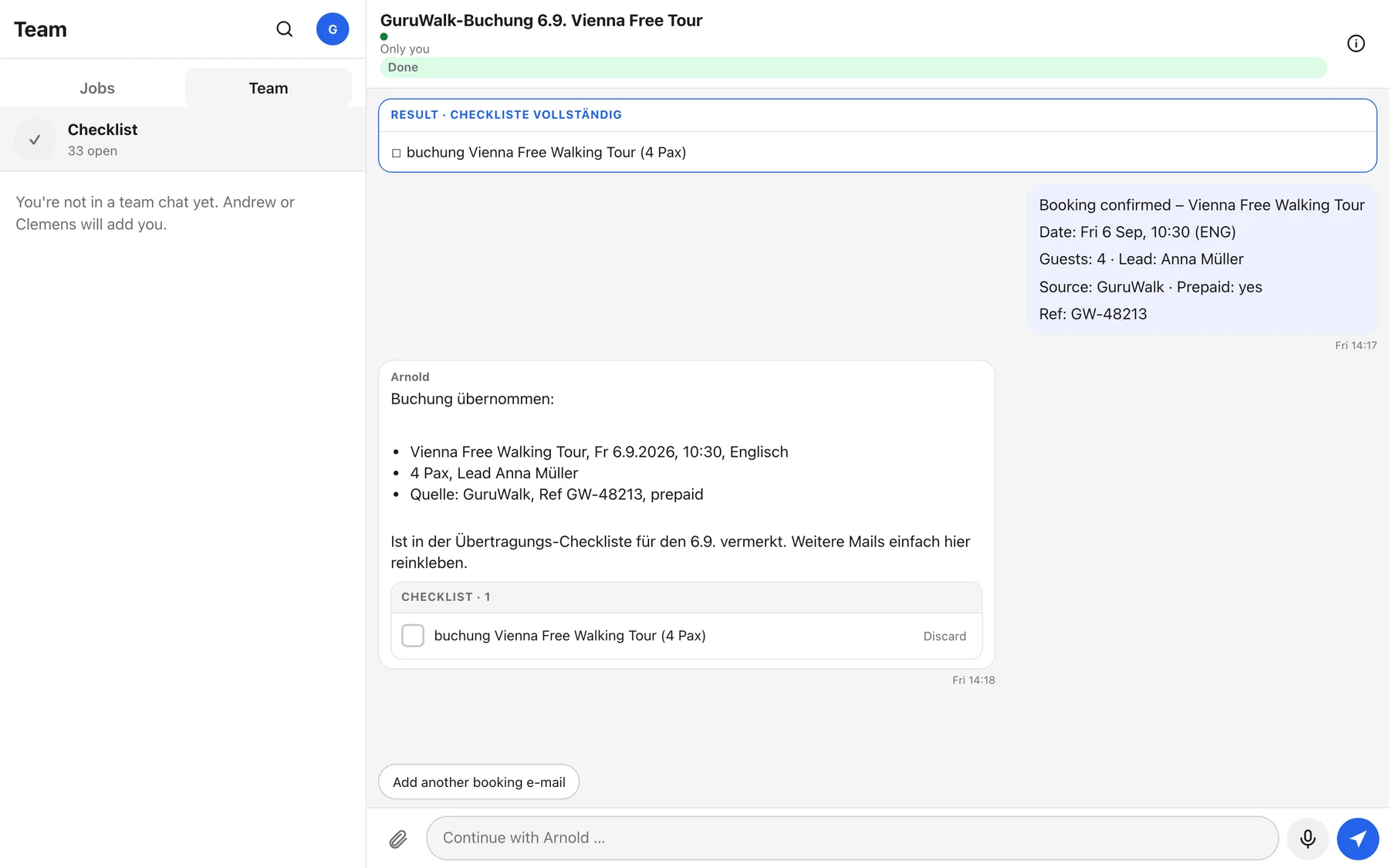 The Team tab with the pinned Checklist row showing 33 open, and the hint that this account is not in a team chat yet
