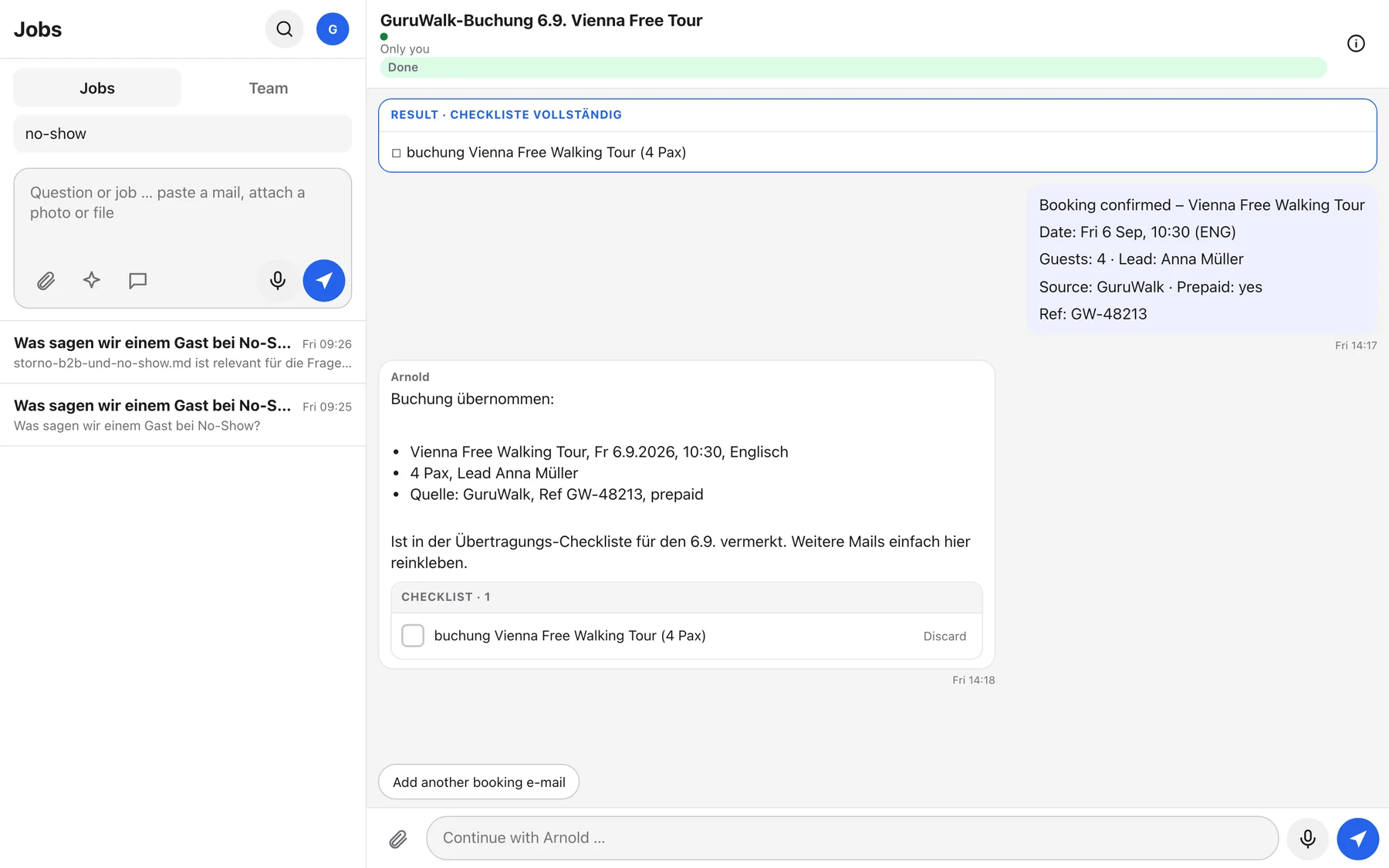 The search field open above the job list with results for no-show