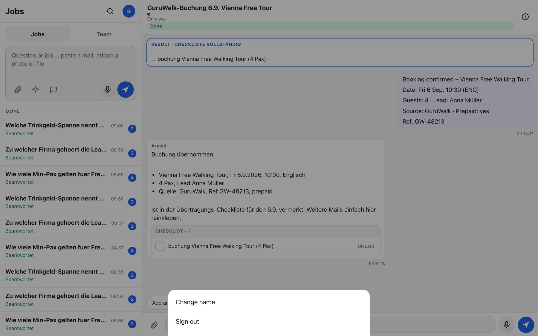 The avatar menu with Change name and Sign out