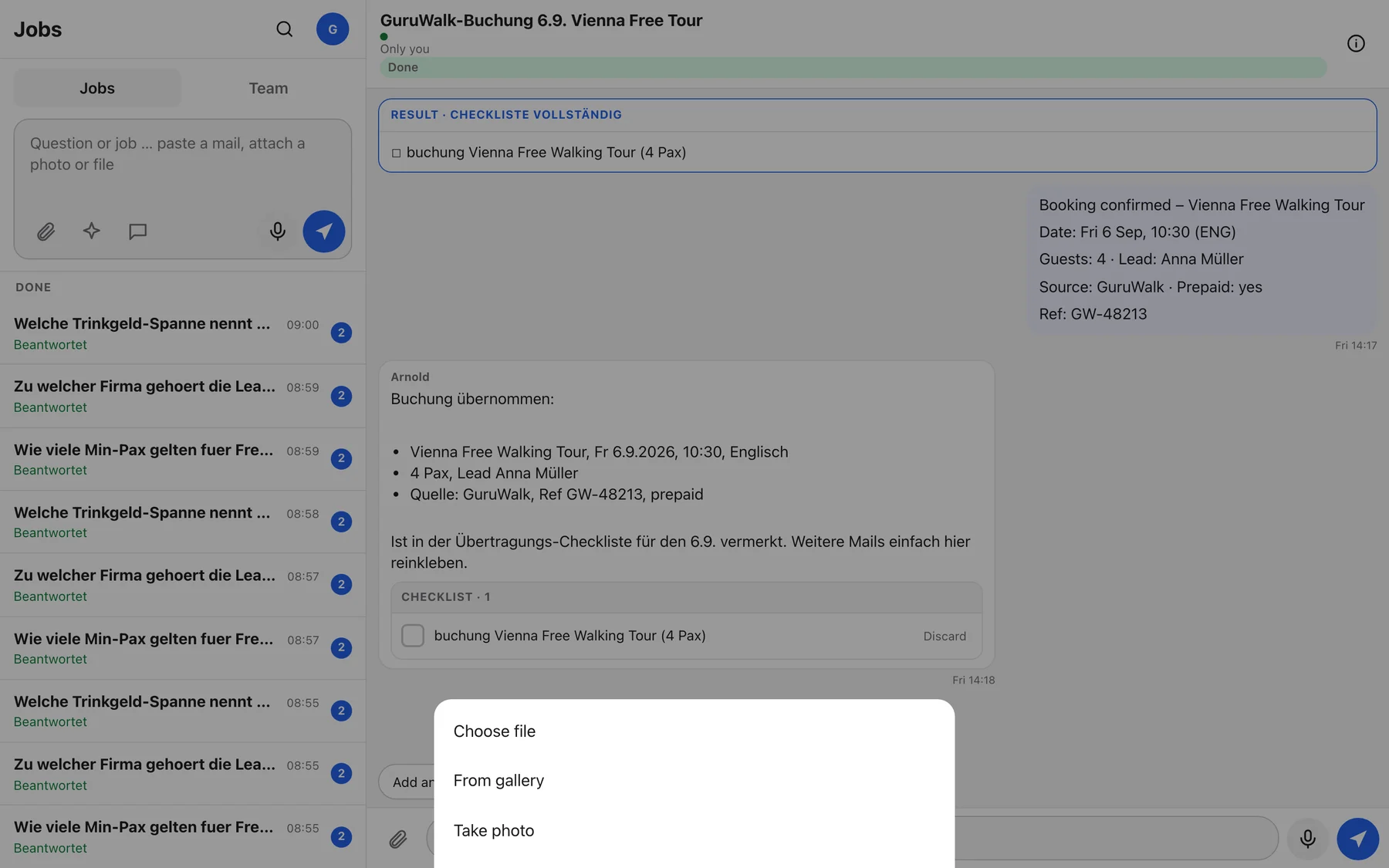 The attach sheet with Take photo, From gallery and Choose file
