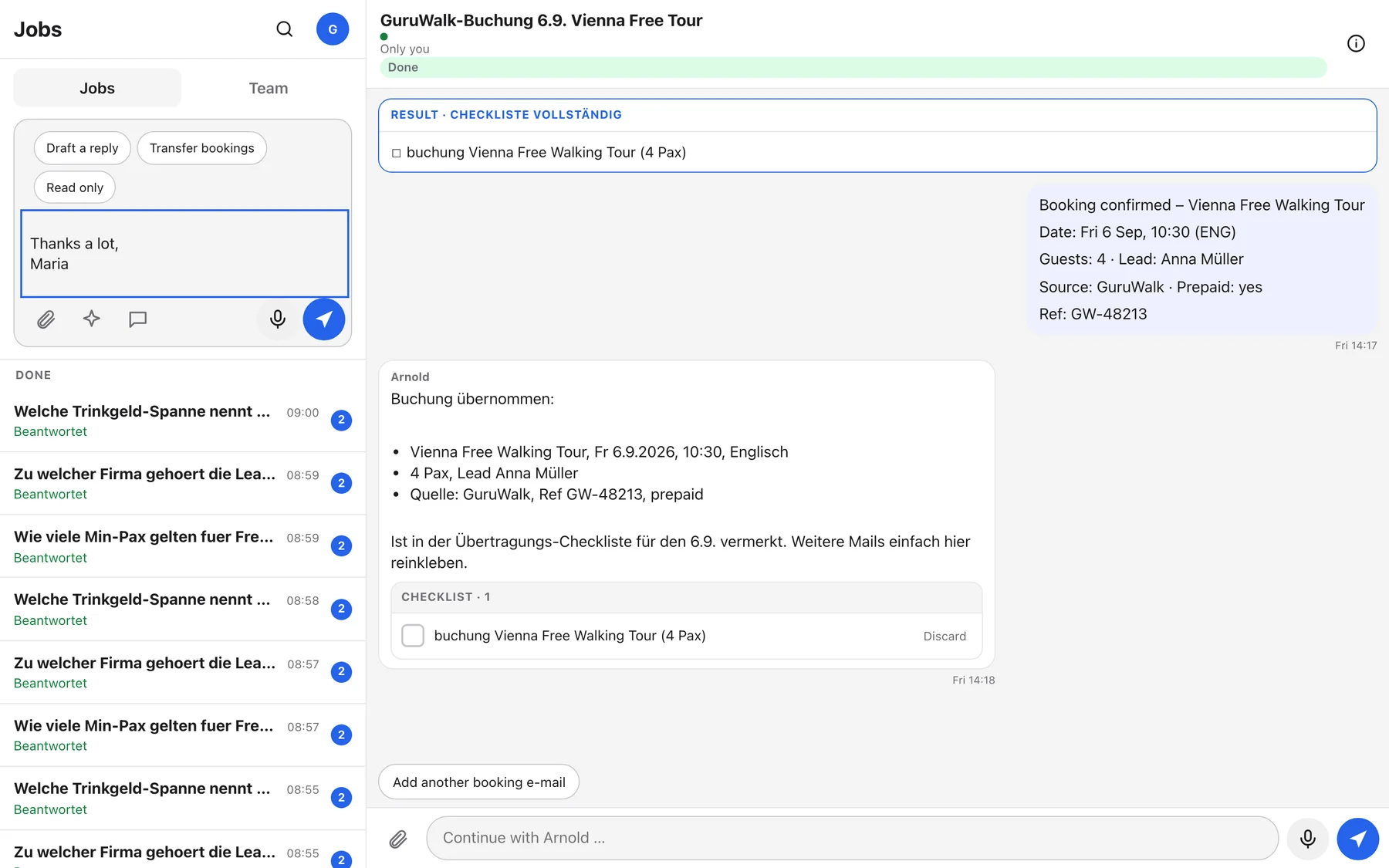 After pasting an e-mail, three chips appear above the ask box: Draft a reply, Transfer bookings, Read only