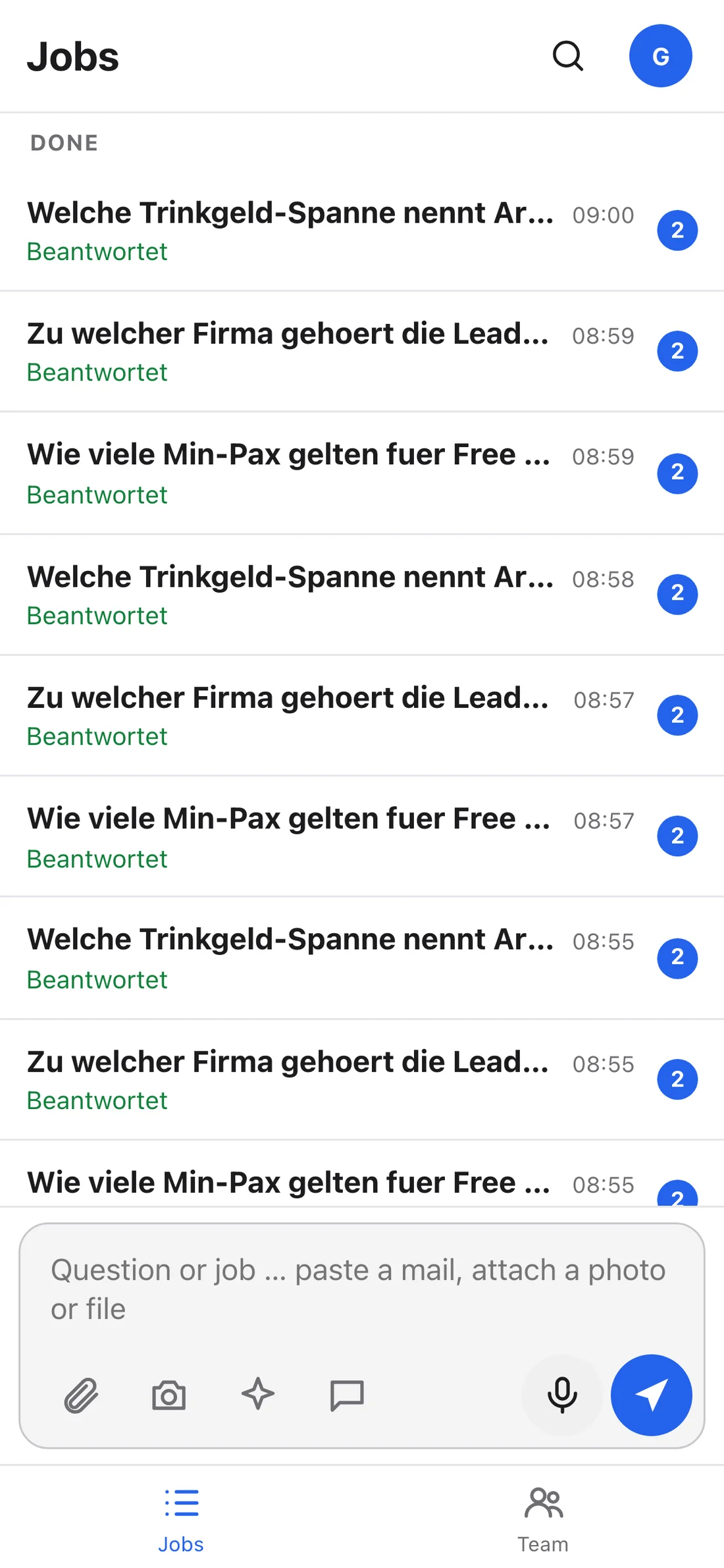 Arnold on a phone: the job list with the ask box and the bottom tab bar