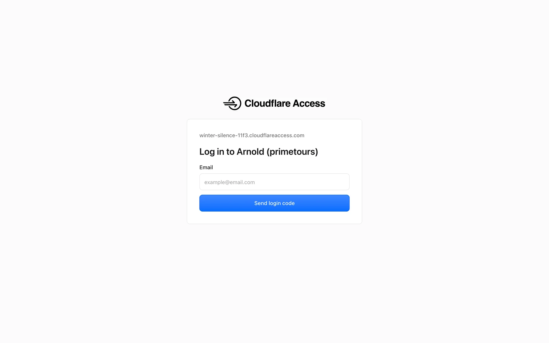 The login page: Log in to Arnold (primetours), an e-mail field and the button Send login code