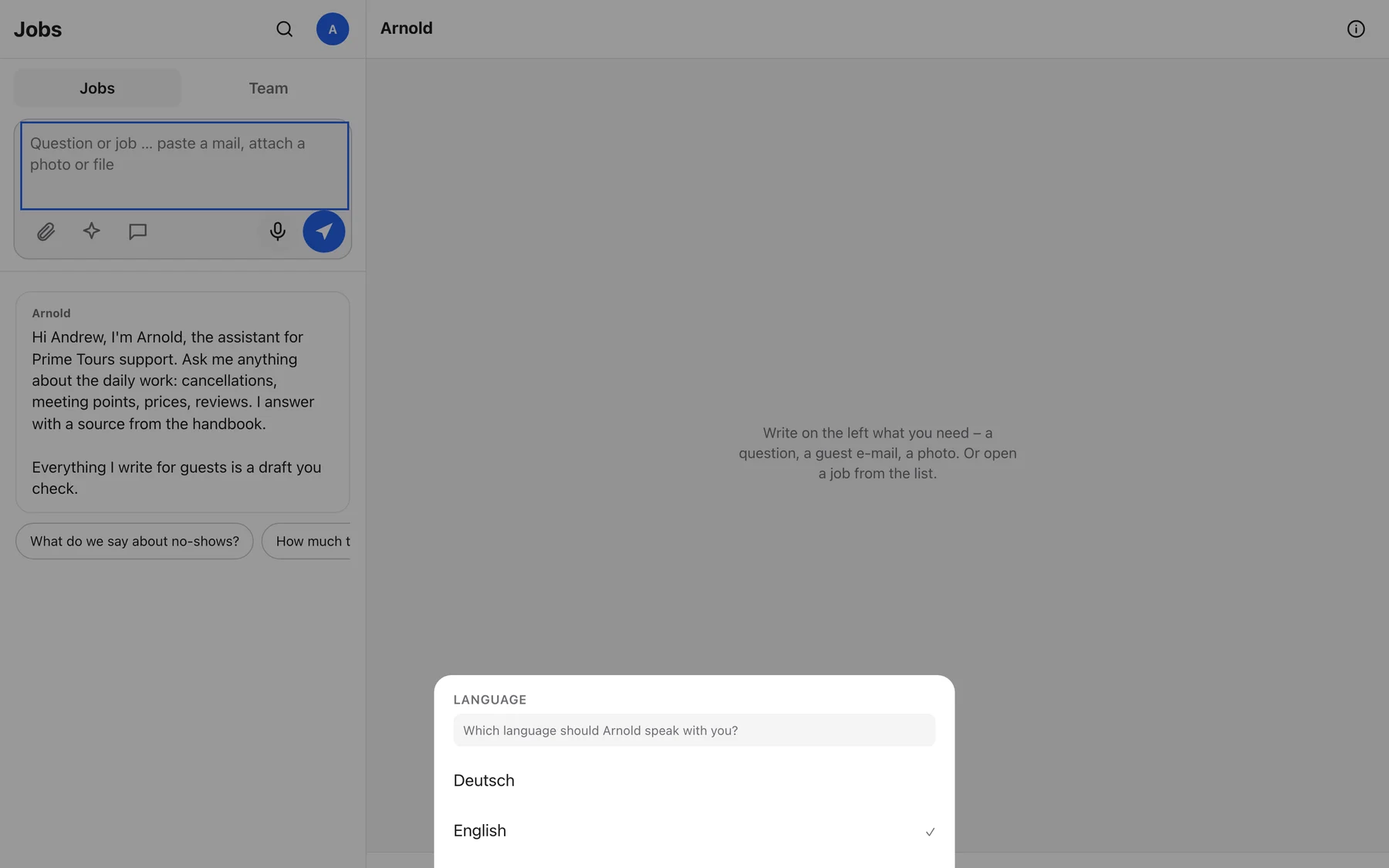 First visit: a sheet asks Which language should Arnold speak with you, with Deutsch and English