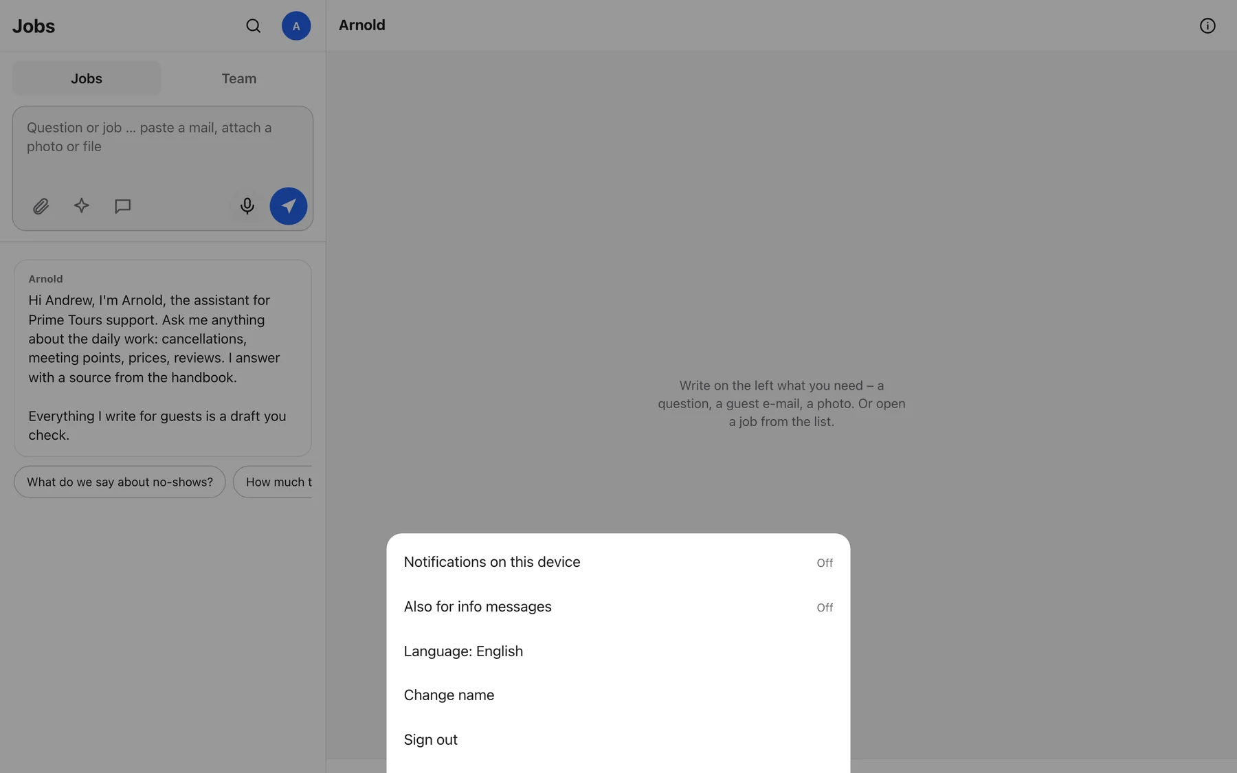 The avatar menu with Notifications on this device, Also for info messages, Language: English, Change name and Sign out