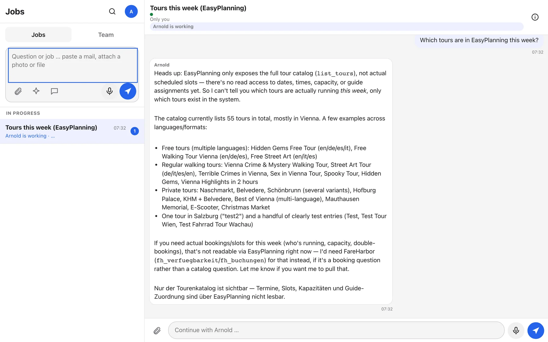 Arnold lists the EasyPlanning tour catalogue and states that slots and guide assignments are not readable